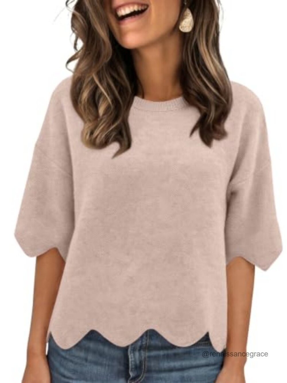 Womens Scalloped Oversized Cropped Sweater Short Sleeve Crewneck Knit